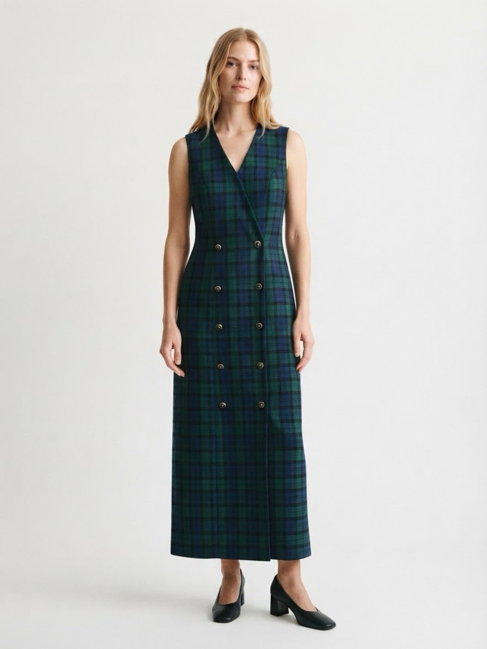 Vintage 90s Plaid Maxi Pinafore Dress Size 12 Navy Green